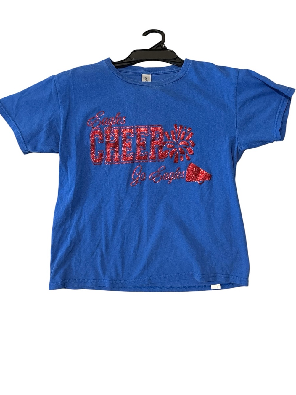 Gildan Blue Kids Short Sleeve Tee with Red Glitter Cheer Graphic